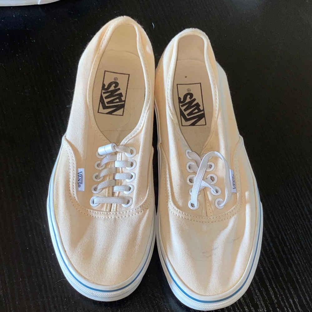 Vans Low-Top Canvas Sneakers in Cream with Blue Trim